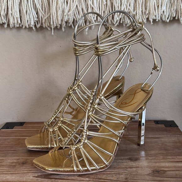 Sam Edelman Lylah Gold Metallic Open Toe Strappy Ankle Wrap High Heels Size 8.5 - Picture 3 of 15